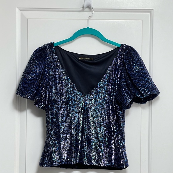 Emily Shalant  Sequin V Neck Top Lined Blue ( 34”Bust x 19”Long) Party Prom - Picture 2 of 9